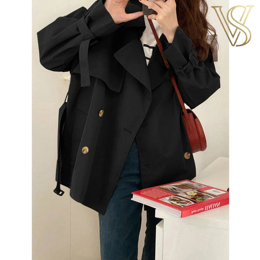 Classic black short trench coat with adjustable cuff buckles and a sophisticated double-breasted silhouette for the vstyles catalog.