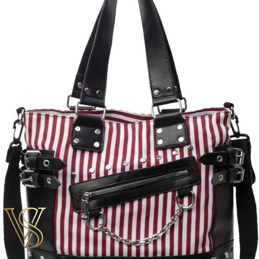 Bold red and white striped punk tote bag with silver stud accents, side buckle hardware, and a decorative silver chain.