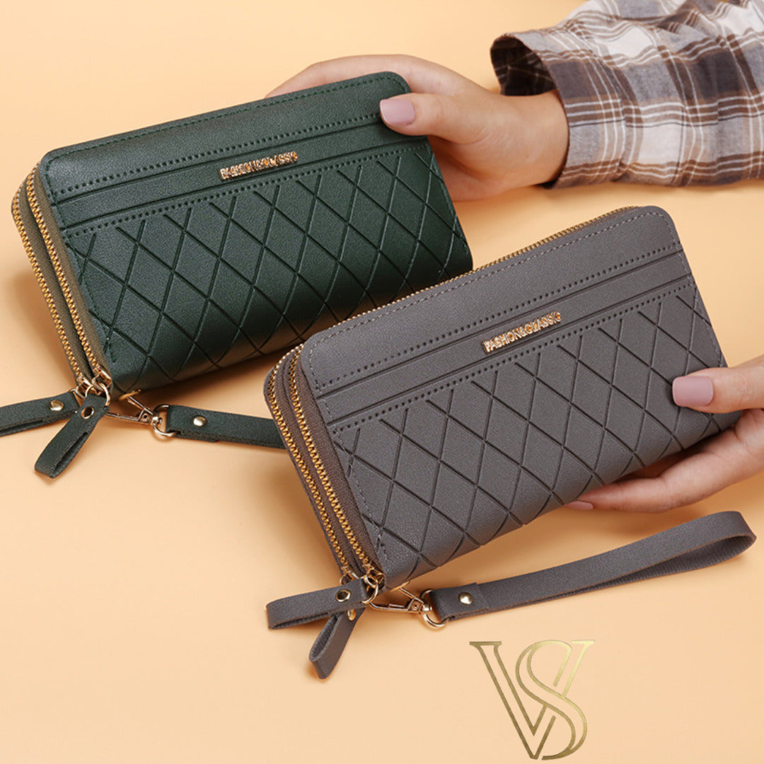 Stylish forest green and charcoal grey long wallets with diamond quilted designs and double gold zippers.