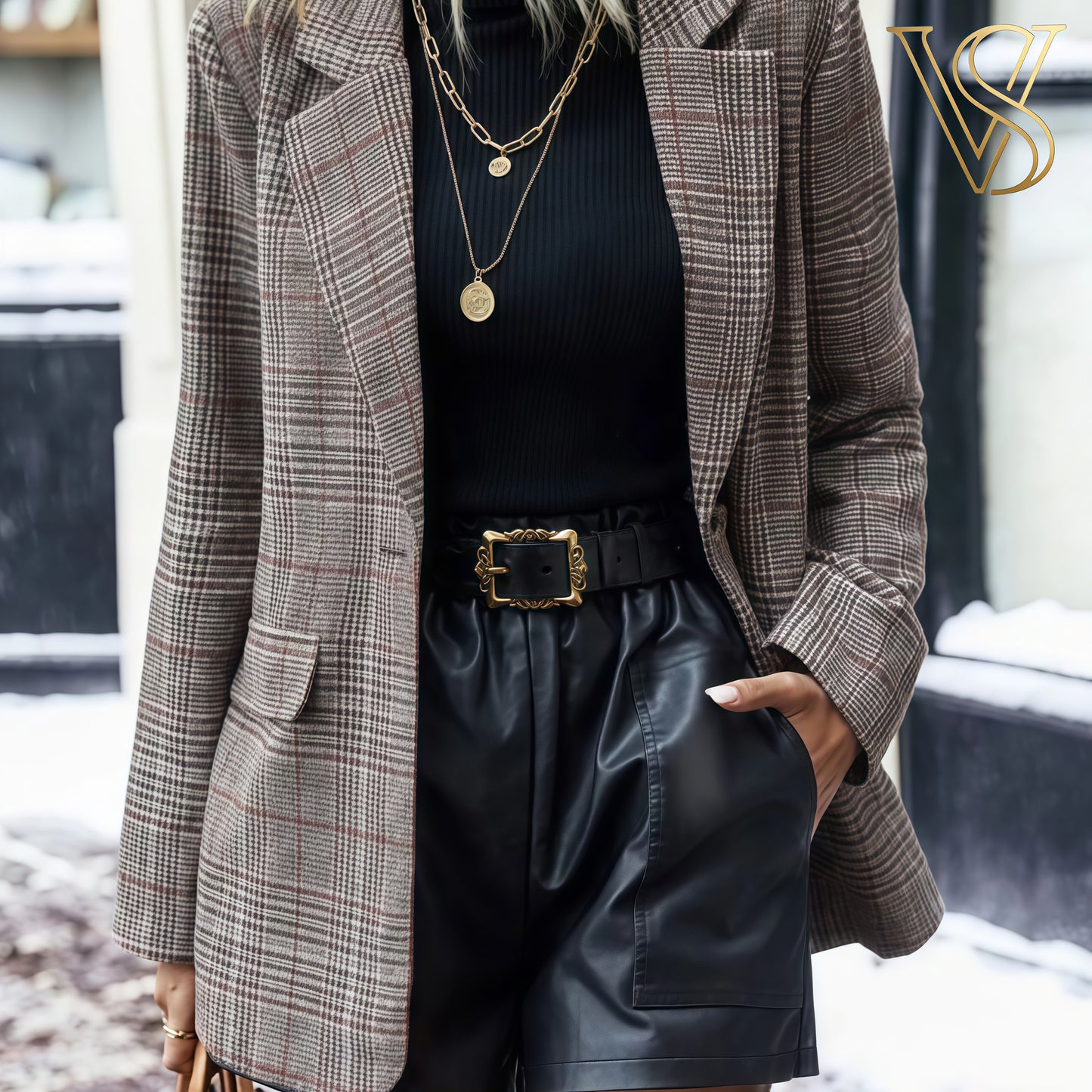 Sophisticated brown plaid blazer styled with a black turtleneck and belted faux leather shorts for a chic seasonal look at vstyles.