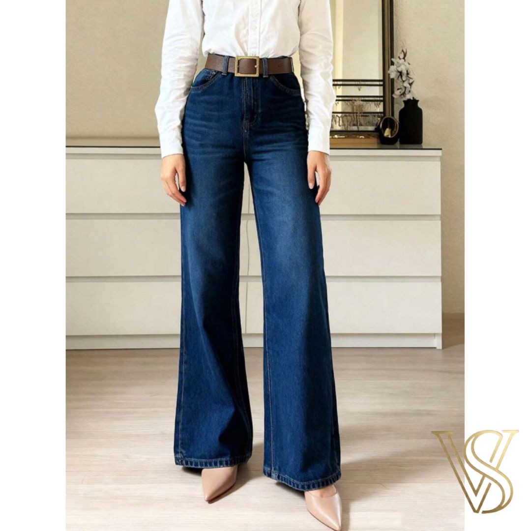 Elegant dark indigo wide-leg denim with a clean high-waisted cut, perfect for a professional ready-to-wear vstyles look.
