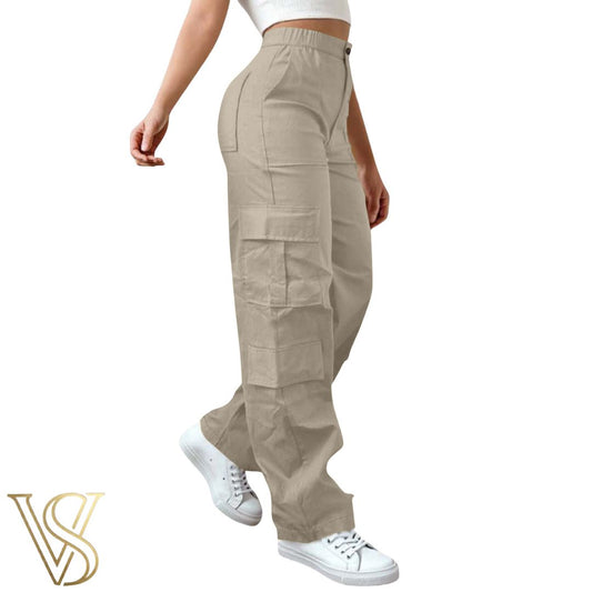 Classic tan high-waisted cargo pants featuring a multi-pocket utility design and a flattering wide-leg cut for vstyles.