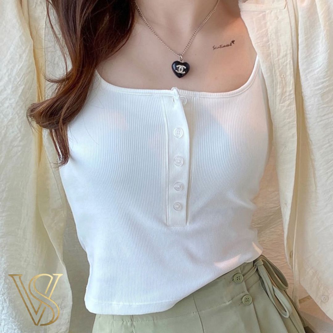 White ribbed henley camisole featuring a front button-down detail and a square neckline, perfect for layering in the vstyles collection.