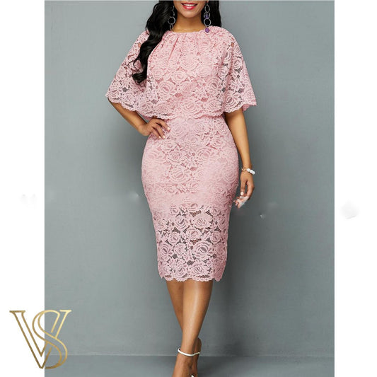 Elegant pink floral lace midi dress featuring a popover capelet top and a sophisticated knee-length pencil silhouette.