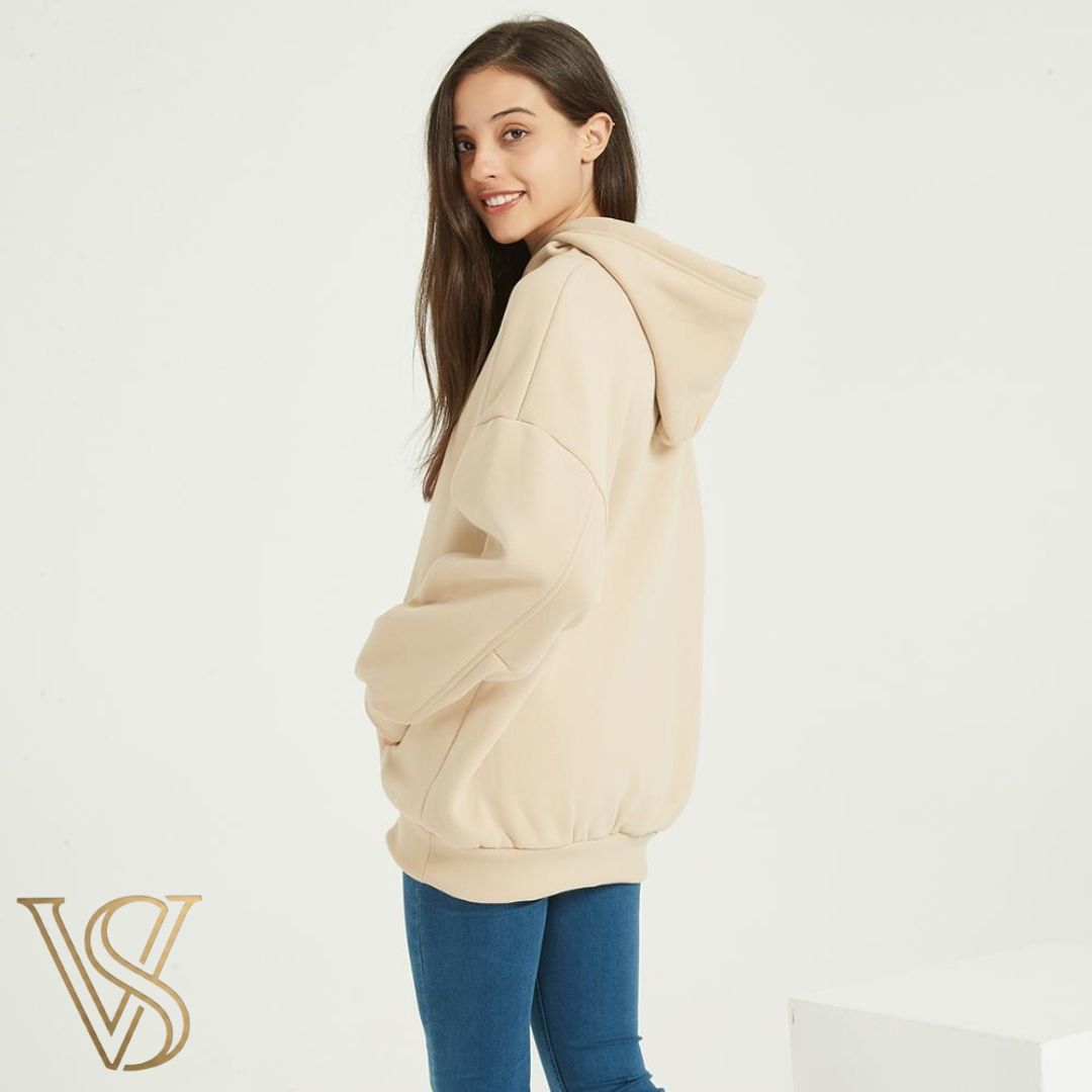 Classic oversized beige hoodie featuring a drop shoulder design, front kangaroo pocket, and matching drawstrings for the vstyles casual collection.