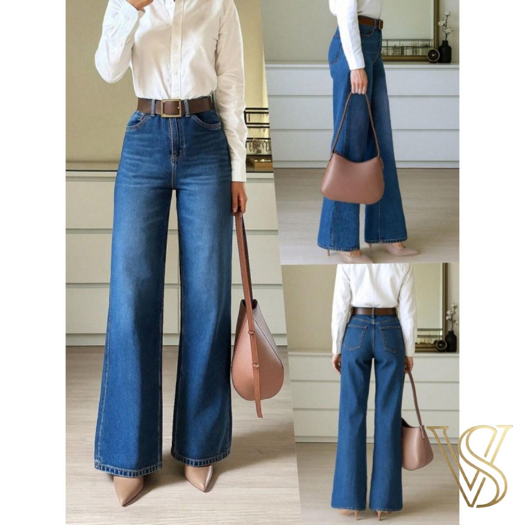 Timeless medium blue wide-leg jeans with a high-waisted design, styled with brown leather accessories for a chic vstyles outfit.