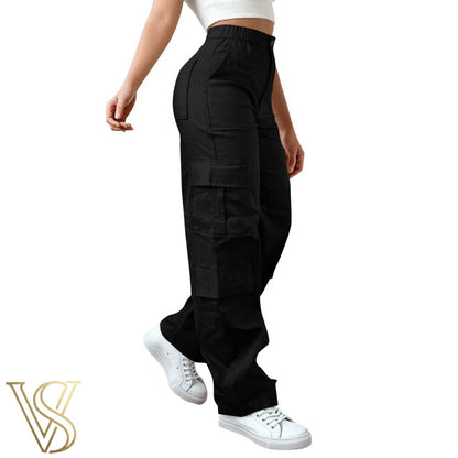 Versatile black high-waisted cargo pants with side utility pockets and a comfortable elastic waistband by vstyles.