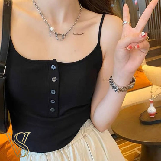 Classic black ribbed henley tank top with thin spaghetti straps and a functional five-button front, part of the vstyles ready-to-wear line.