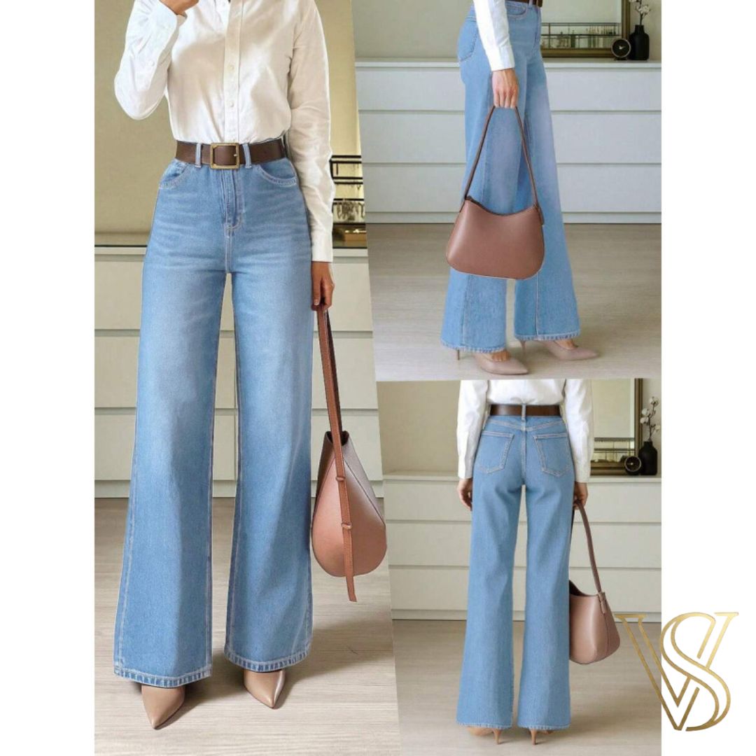 Charming light blue wash wide-leg jeans featuring a high-waisted fit, paired with a white shirt and tan pointed heels for vstyles.