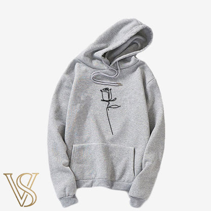 Classic heather grey hoodie with a minimalist black line-art rose graphic, ideal for a versatile casual look.