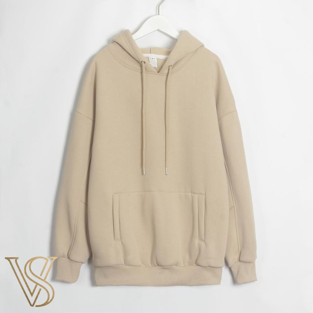 Classic oversized beige hoodie featuring a drop shoulder design, front kangaroo pocket, and matching drawstrings for the vstyles casual collection.