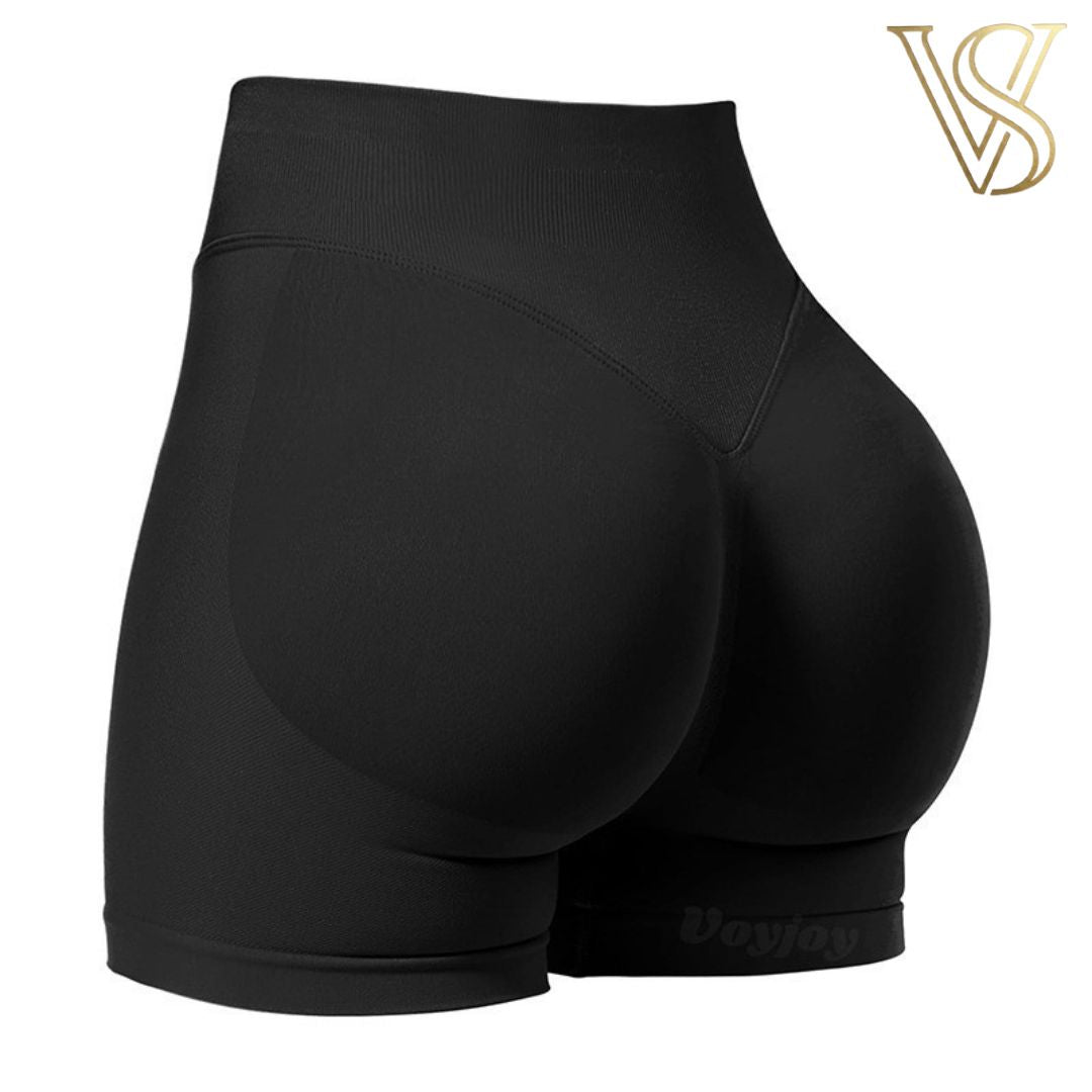 Black seamless booty-lifting workout shorts with a high waistband and contoured design for a flattering fit by vstyles.