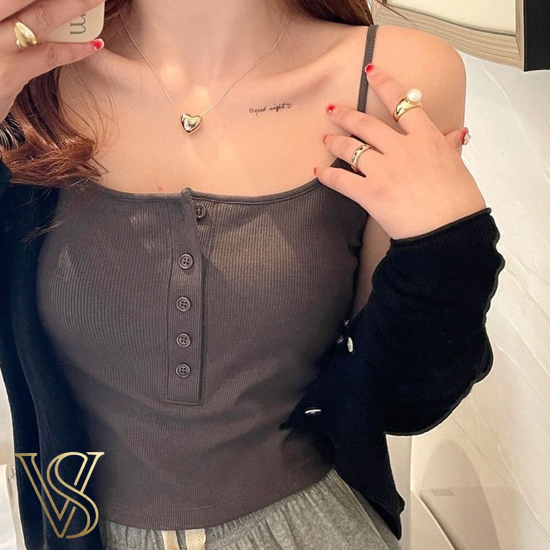 Dark grey charcoal ribbed henley camisole featuring a button-down front and spaghetti straps, styled for comfort at vstyles.