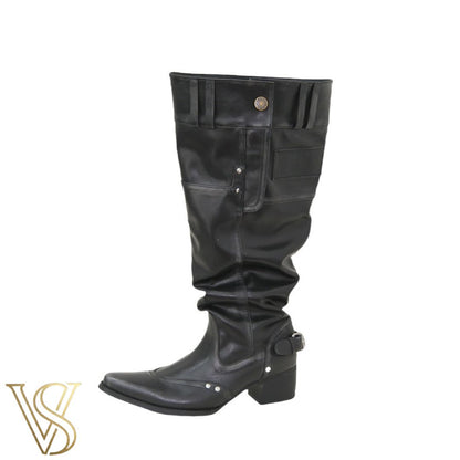 Edgy black slouchy knee-high boots featuring a pointed toe, chunky mid-heel, and metallic stud accents.