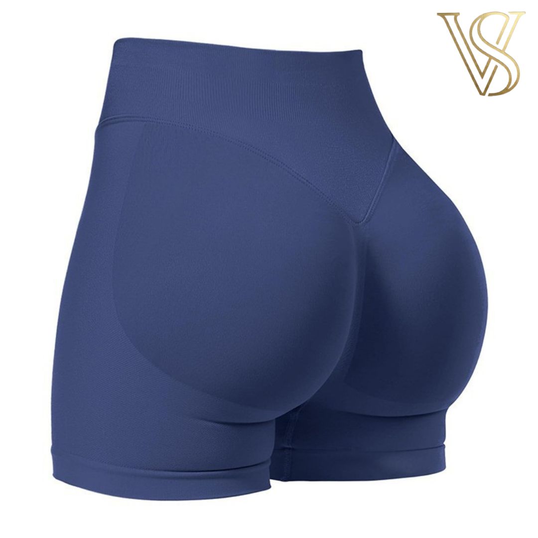 Vibrant royal blue seamless biker shorts with a high-waisted contoured silhouette, perfect for fitness and activewear by vstyles.