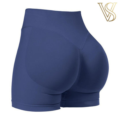 Vibrant royal blue seamless biker shorts with a high-waisted contoured silhouette, perfect for fitness and activewear by vstyles.