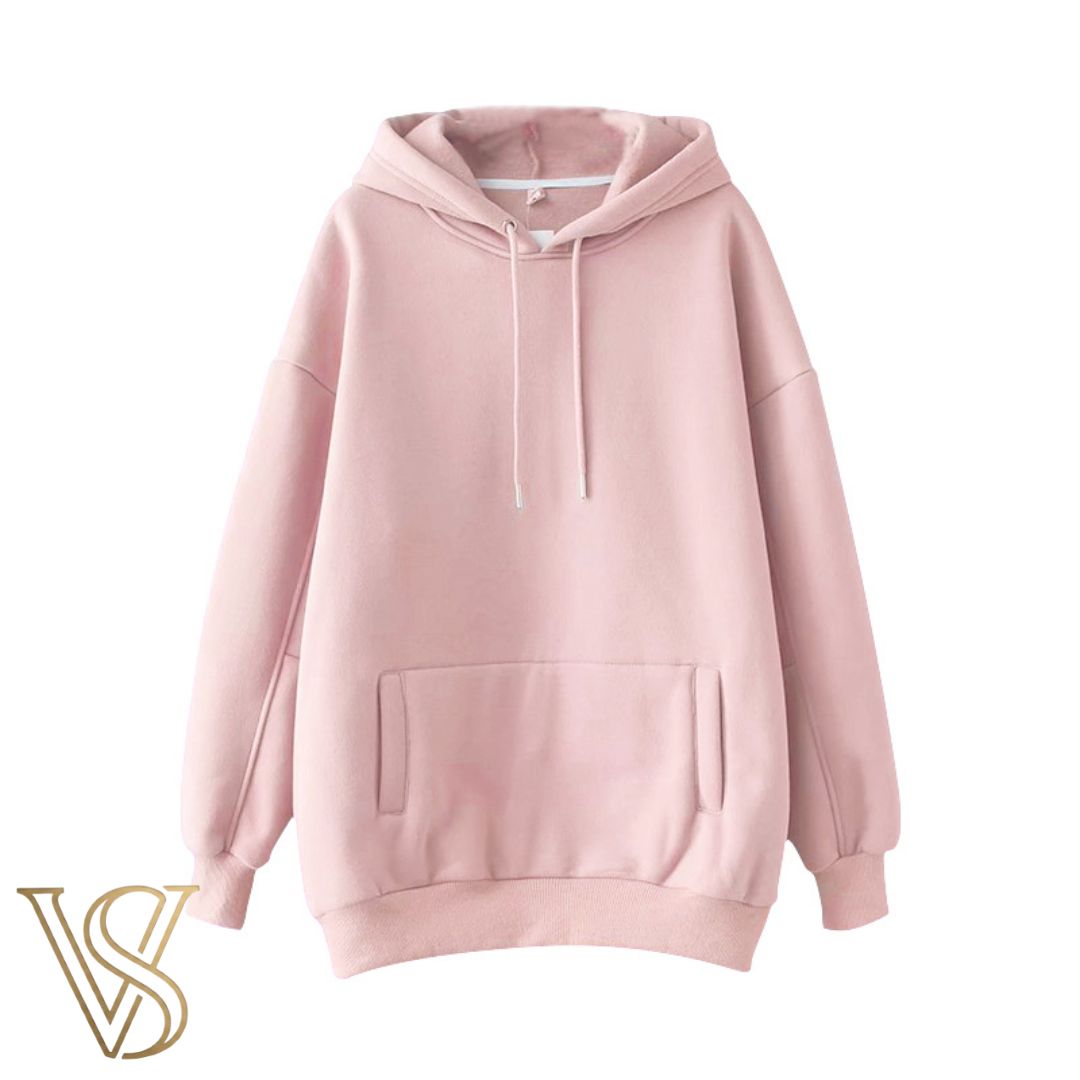 Soft light pink oversized sweatshirt with a relaxed fit, featuring a spacious front pouch pocket and hood, part of the vstyles ready-to-wear line.