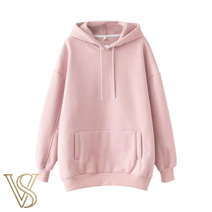 Soft light pink oversized sweatshirt with a relaxed fit, featuring a spacious front pouch pocket and hood, part of the vstyles ready-to-wear line.