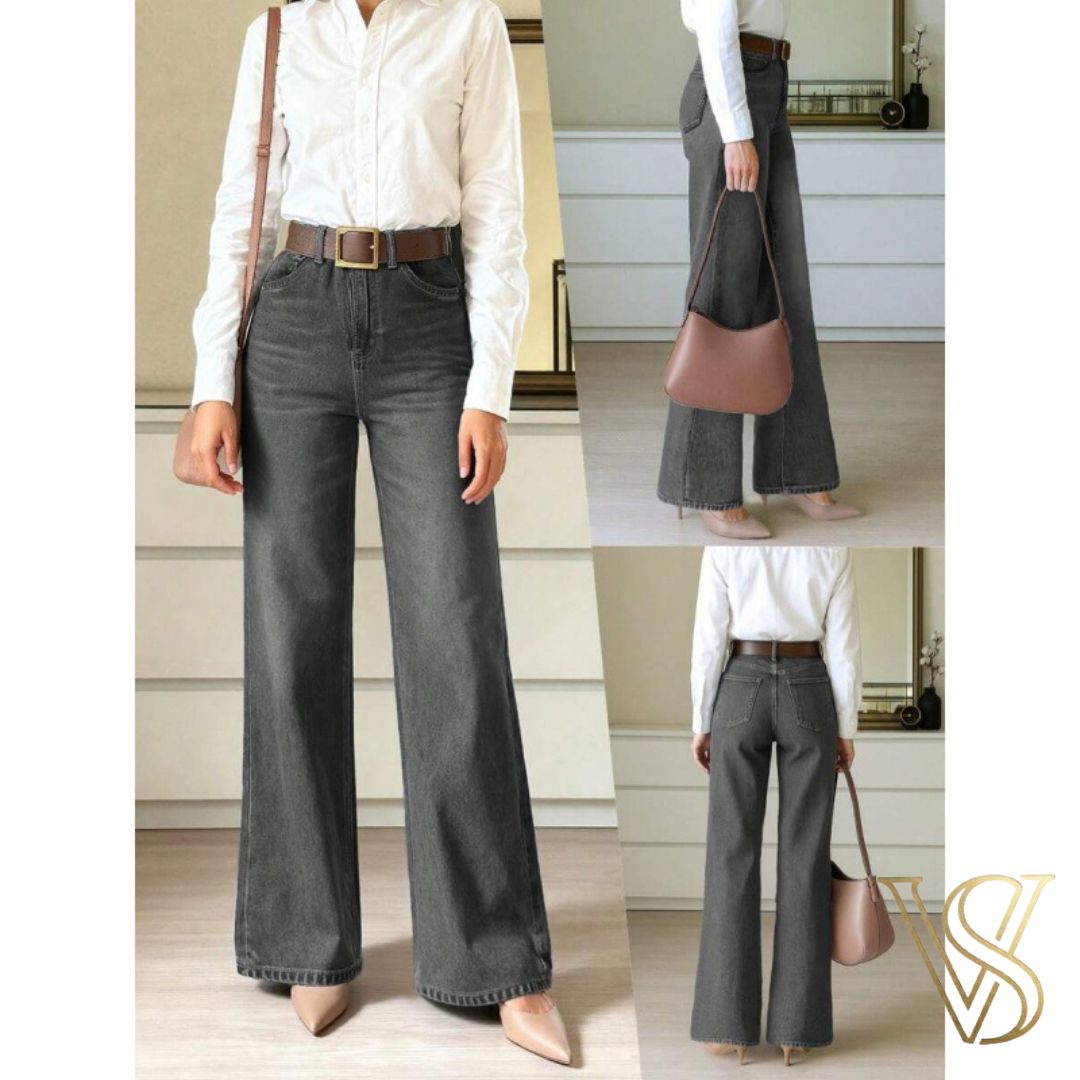 Sophisticated dark grey wide-leg jeans with a high-waisted fit, styled with a white button-down and brown leather belt for vstyles.