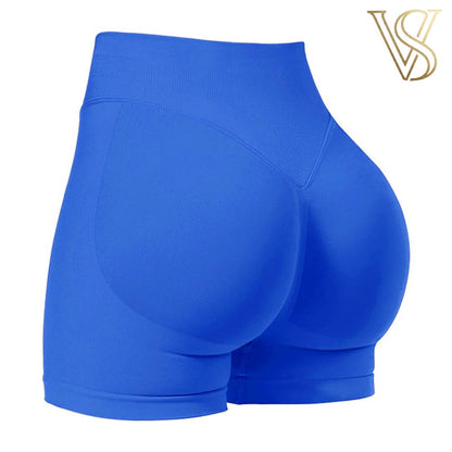 Dark navy blue high-waisted seamless athletic shorts featuring a push-up effect and supportive compression fabric from vstyles.