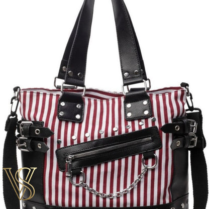 Bold red and white striped punk tote bag with silver stud accents, side buckle hardware, and a decorative silver chain.