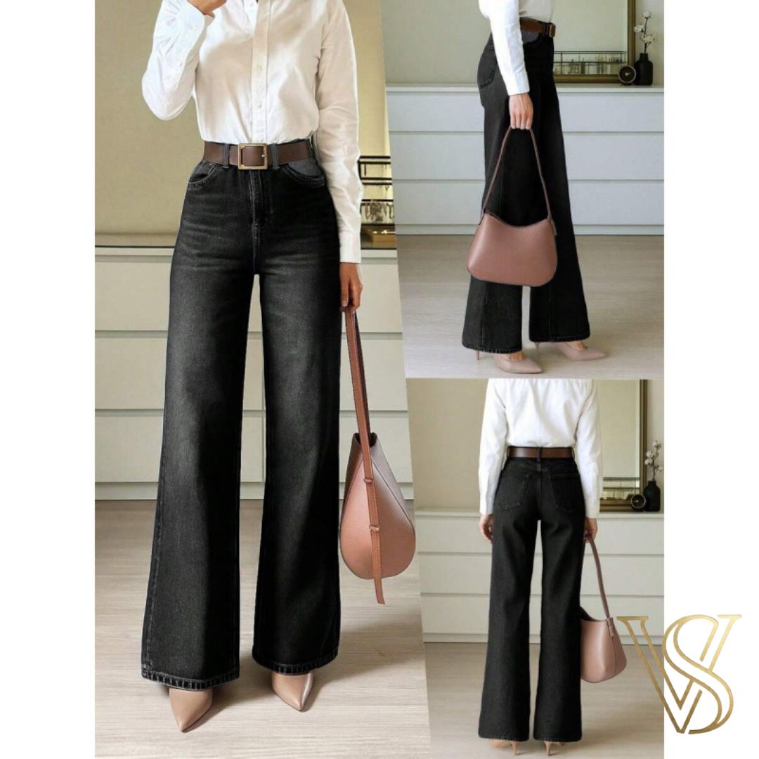 Classic black wide-leg jeans featuring a high-waisted silhouette, paired with a white shirt and tan heels for the vstyles collection.