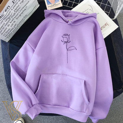 Pretty lavender purple hoodie featuring a minimalist black line rose graphic, part of the vibrant vstyles apparel range.