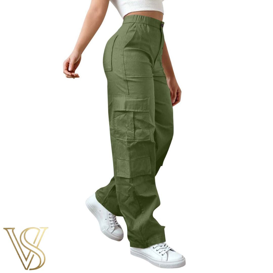 Modern olive green high-waisted cargo pants featuring a multi-pocket design and relaxed silhouette for vstyles.