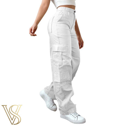 Crisp white high-waisted cargo pants with side utility pockets and a breathable relaxed fit, part of the vstyles line.