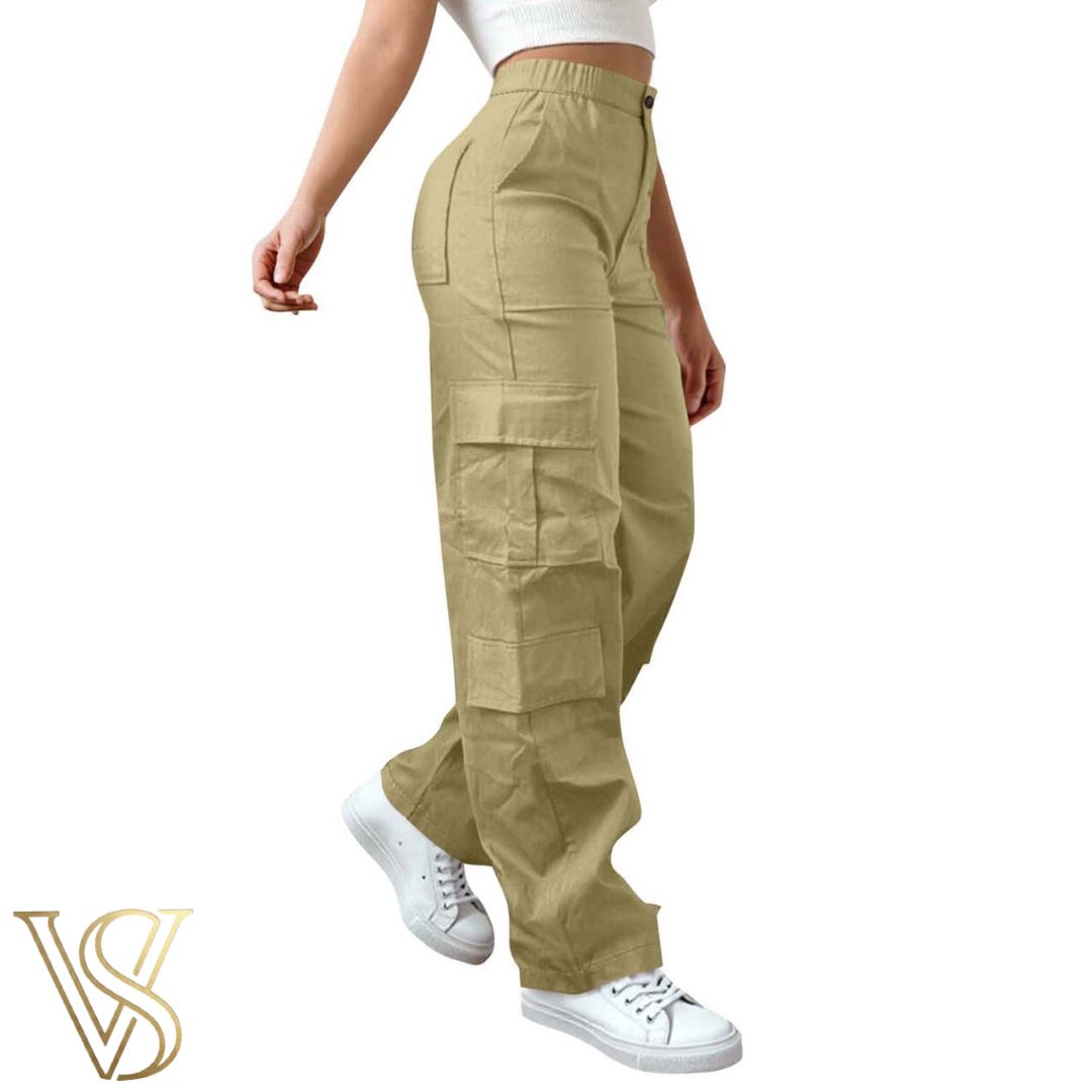 Stylish khaki high-waisted cargo pants featuring multiple side utility pockets and a relaxed wide-leg fit for the vstyles collection.