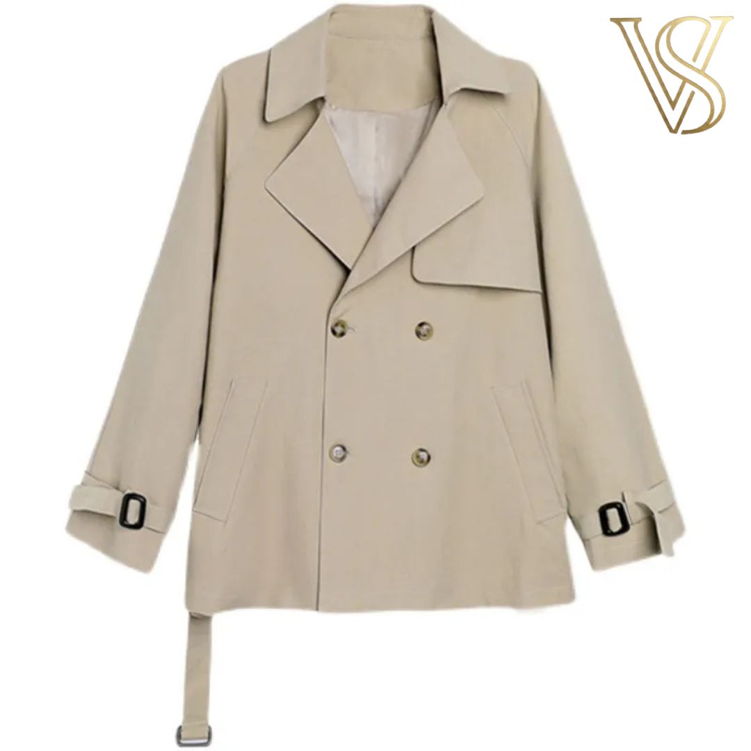 Chic beige short trench coat featuring buckled cuff straps and a double-breasted design, perfect for a versatile ready-to-wear wardrobe.