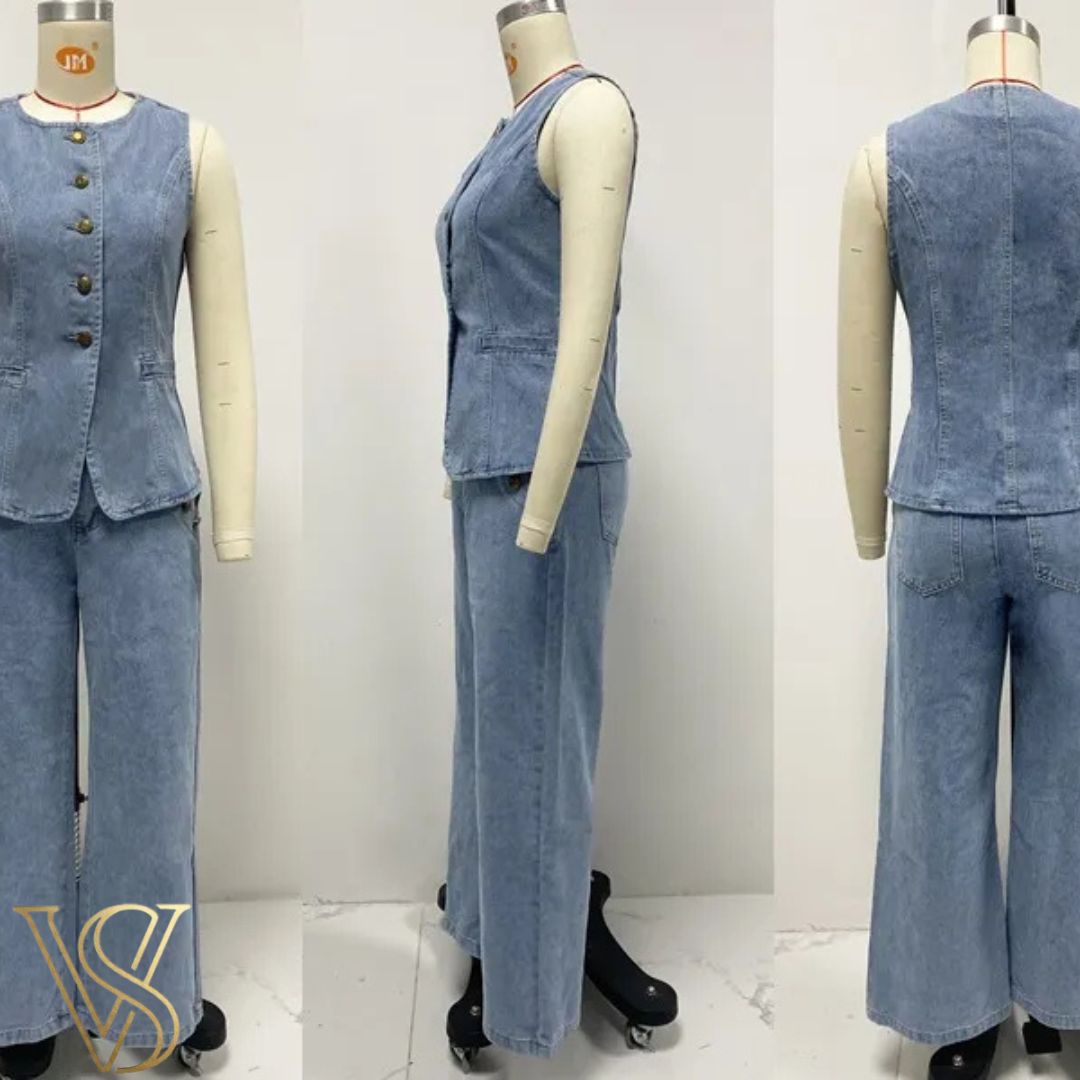 Chic light blue denim two-piece set featuring a sleeveless button-down vest with a split hem and matching wide-leg trousers with gold-tone button accents.